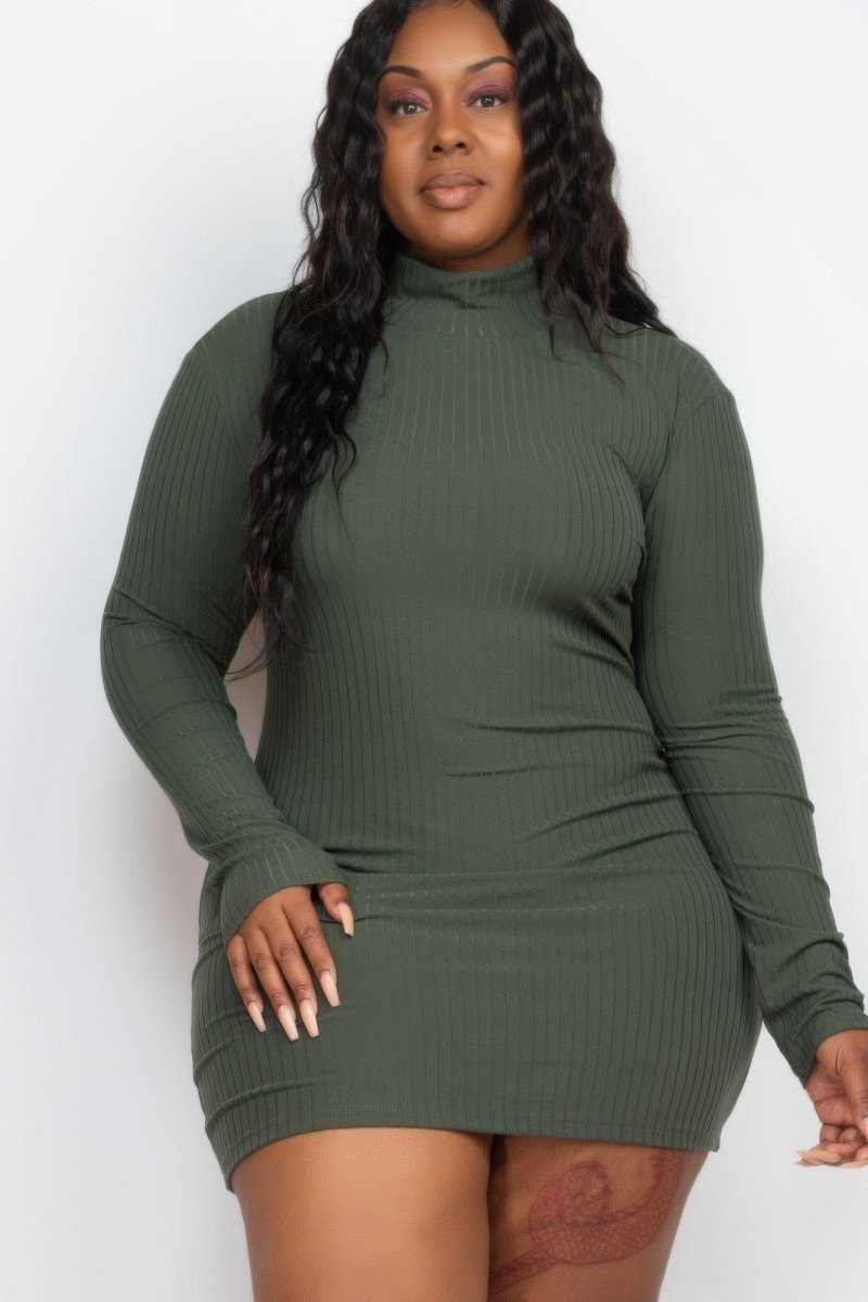 Plus size ribbed mock neck mini bodycon dress long sleeve stretch fabric curvy fit