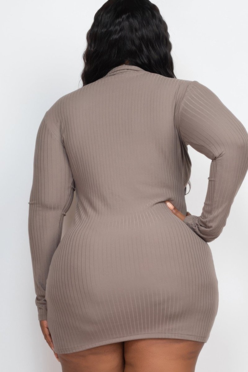 Plus size ribbed mock neck mini bodycon dress long sleeve stretchy silhouette everyday glam