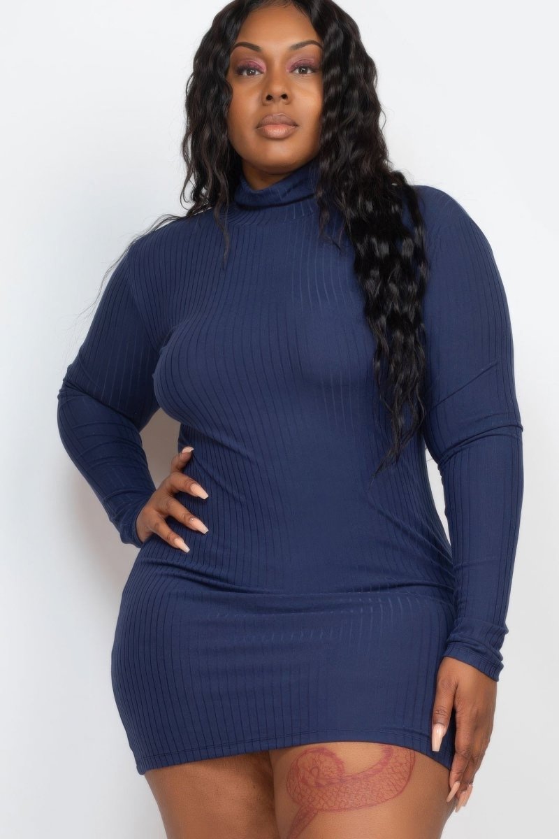 Plus size ribbed mock neck mini bodycon dress long sleeve stretch fabric sleek silhouette