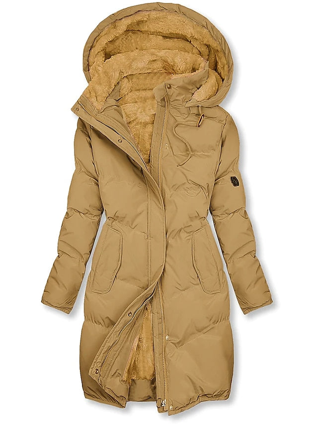Black hooded long puffer coat with fleece lining and plush insulation for cold-weather wear