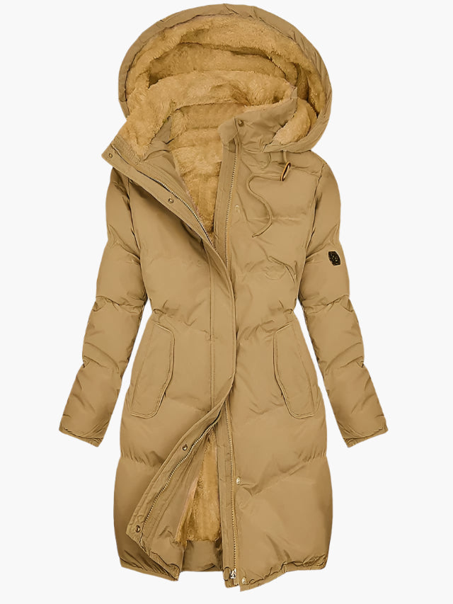 Addison women's hooded puffer coat with faux fur liner, long silhouette for winter warmth