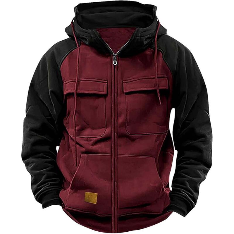 Men's raglan sleeve jacket colorblock design with drawstring hood for travel and active wear