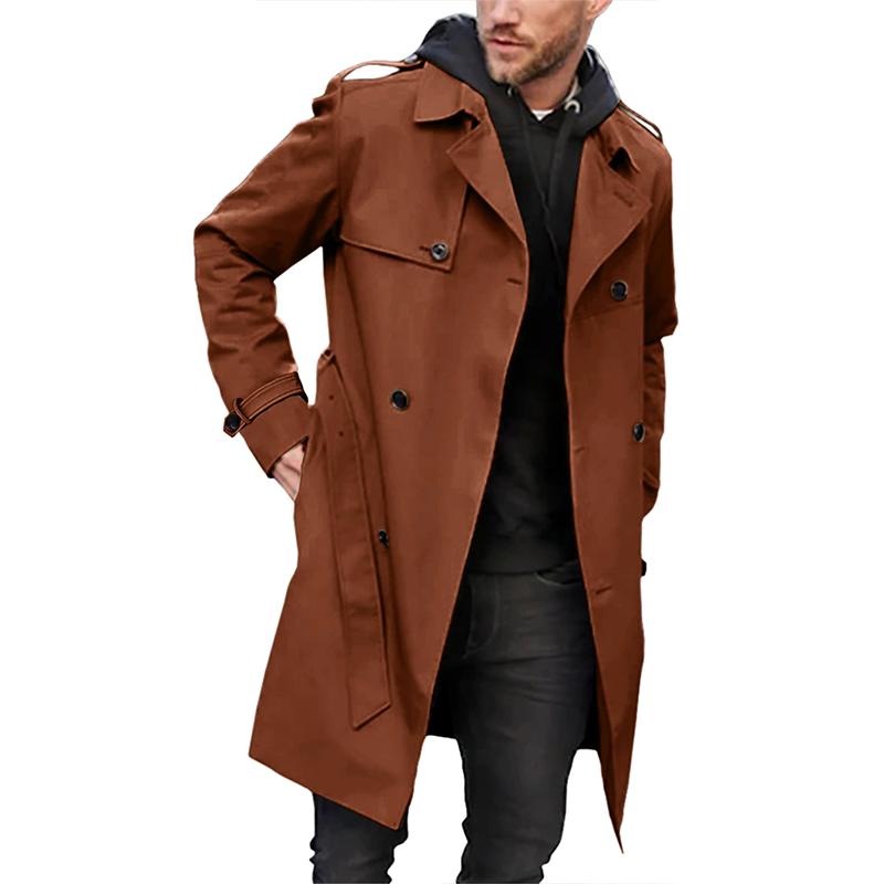 Men's double-breasted long trench coat with belt, classic tailored winter outerwear