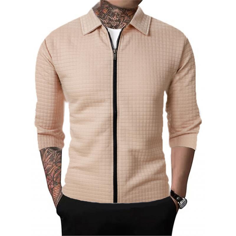 Men's slim-fit waffle texture jacket with modern lapel collar and front zipper in versatile design