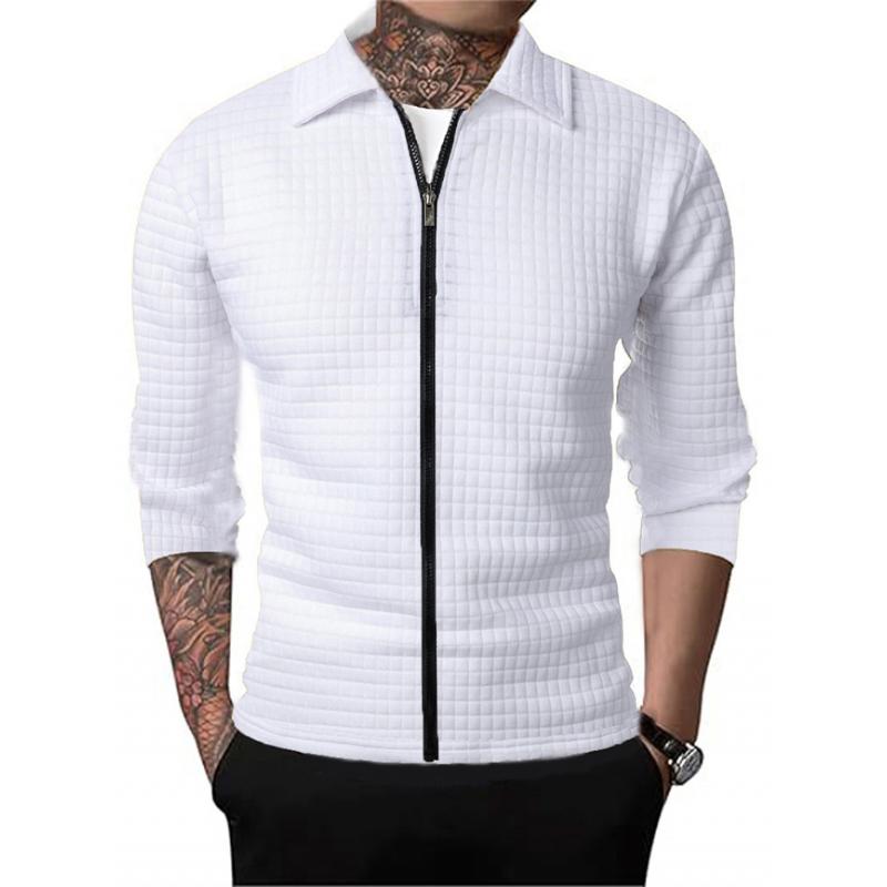 Men's slim-fit waffle texture jacket with modern lapel collar and front zipper in neutral tone
