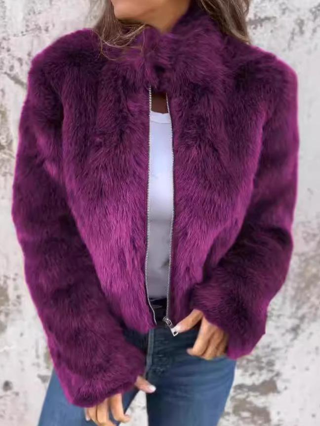 Women's elegant ivory fur coat with front zipper closure, chic sustainable luxury outerwear silhouette