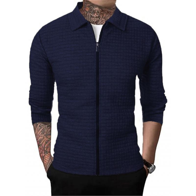 Men's slim-fit waffle texture jacket with modern lapel collar and front zipper in neutral tone