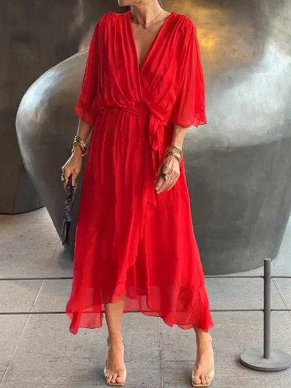 Sophie green V-neck chiffon dress for women lightweight breathable trendy easy care design