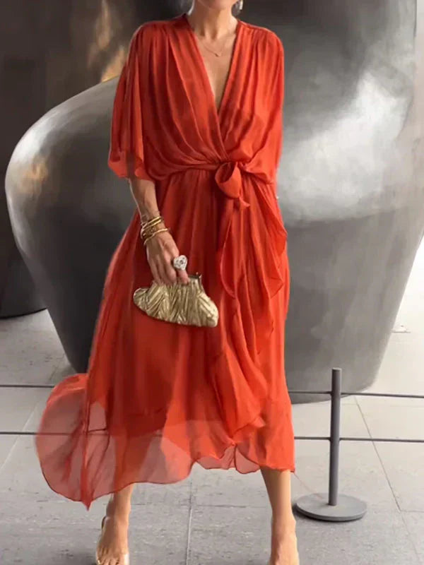 Sophie green V-neck chiffon dress for women lightweight breathable trendy design easy care