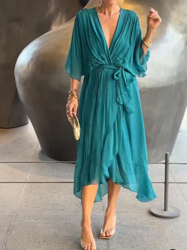 Sophie green V-neck chiffon dress women lightweight breathable fabric trendy contemporary design