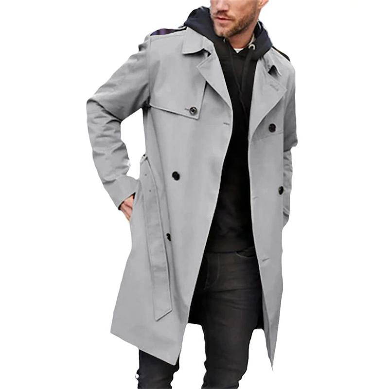 Men's double-breasted long trench coat with belt, classic tailored silhouette for cold weather