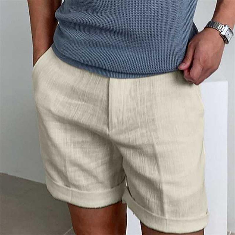 Men's beige linen shorts relaxed fit with rolled-up legs, breathable casual summer style