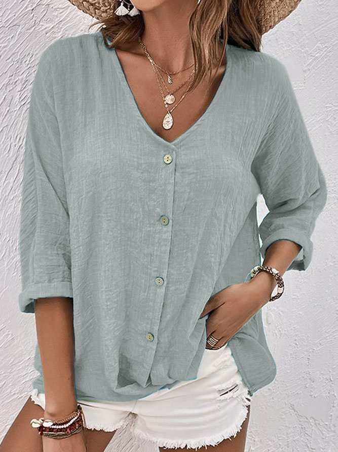 Women's loose-fit linen button-up shirt breathable lightweight summer top for work and casual wear