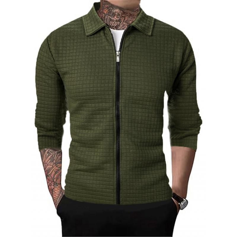 Men's slim-fit waffle texture jacket charcoal modern lapel collar full-zip lightweight casual coat