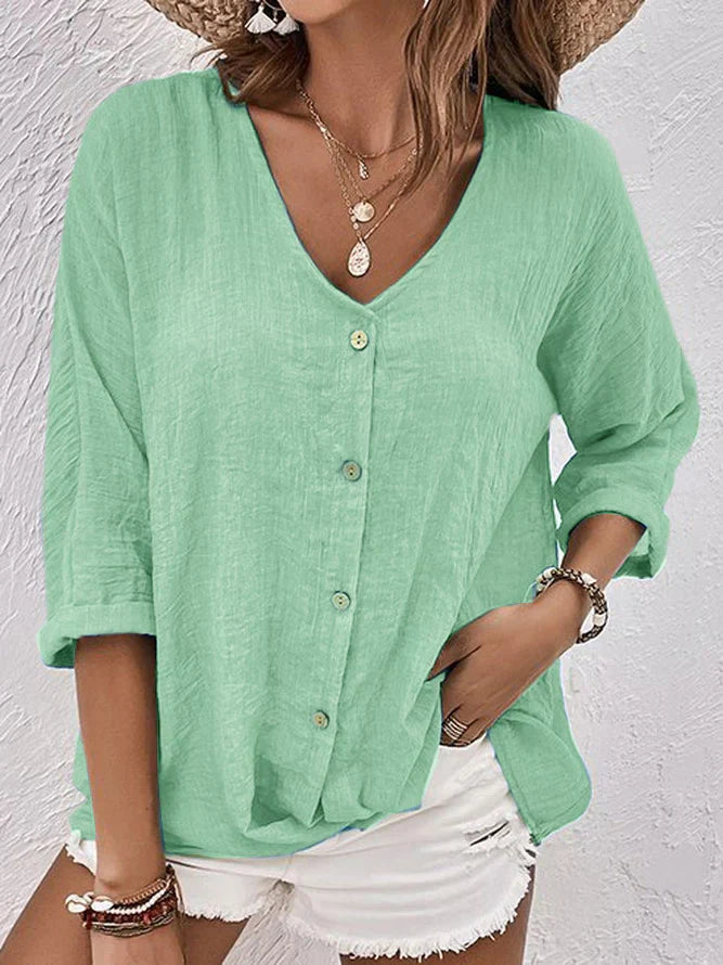 Clara blue linen V-neck shirt for women, breathable easy-care fabric, flattering versatile fit