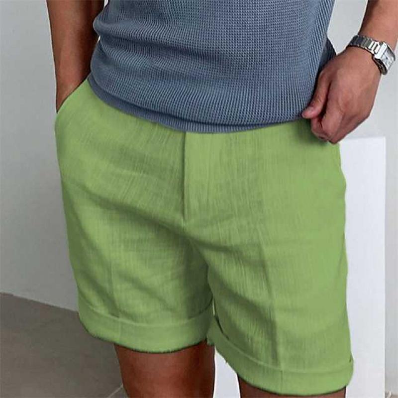 Men's beige linen shorts relaxed fit rolled-up hem breathable casual summer style