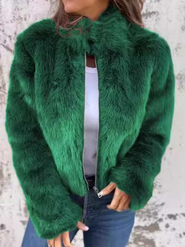 Women's elegant ivory fur coat with front zipper closure, luxurious warm sustainable luxury outerwear