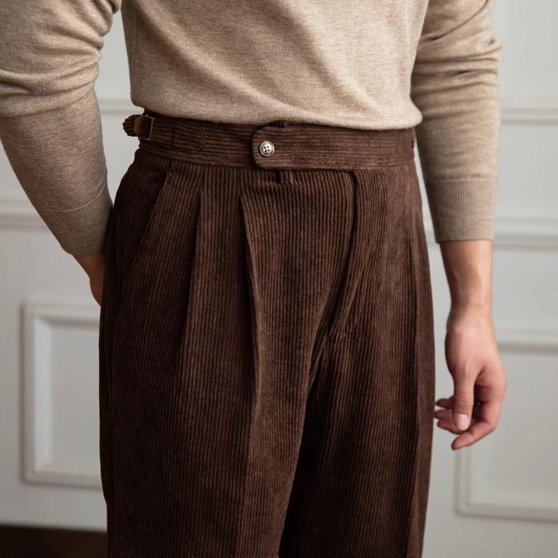 Men's brown corduroy pants Naples fit retro style with classic ribbed texture for casual to semi-formal wear