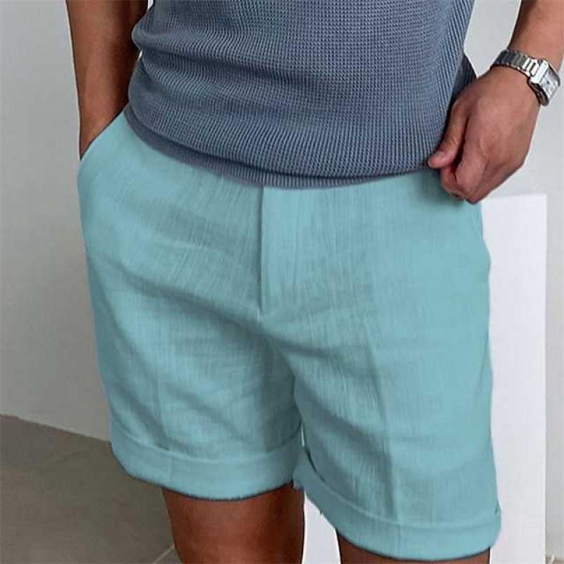 Men's beige linen shorts relaxed fit with rolled-up legs, breathable casual summer style