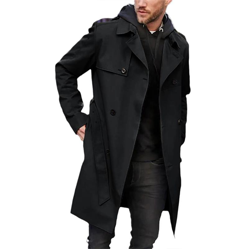 Men's double-breasted long trench coat with belt, classic tailored winter outerwear