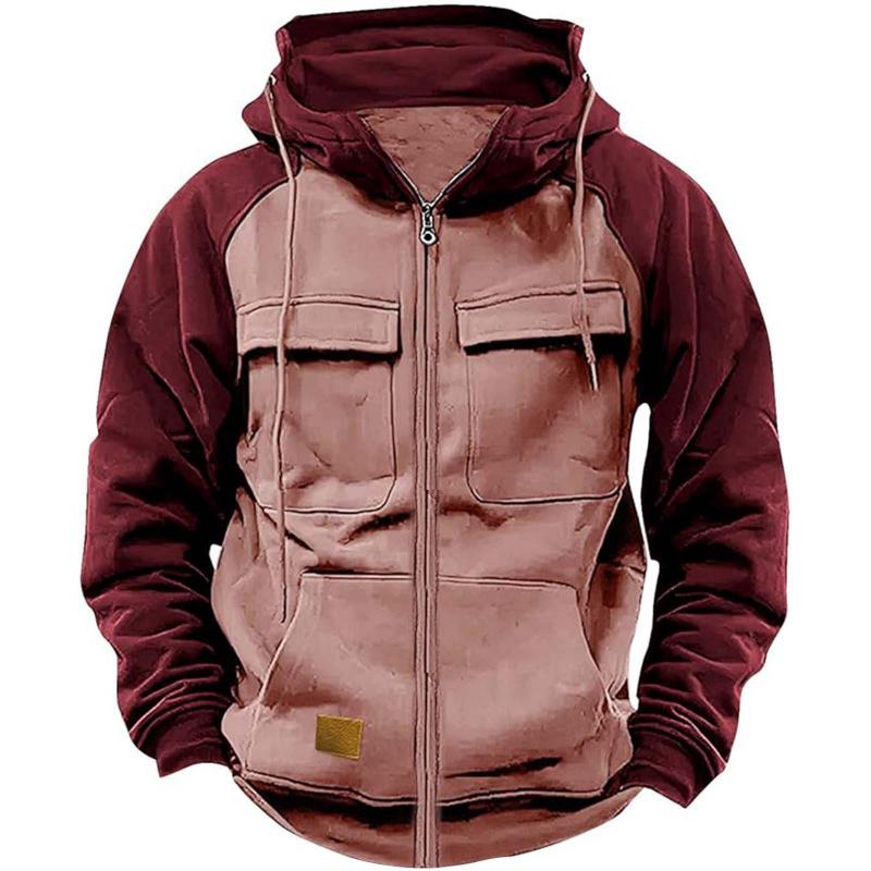 Men's raglan sleeve jacket colorblock design drawstring hood sporty travel fit