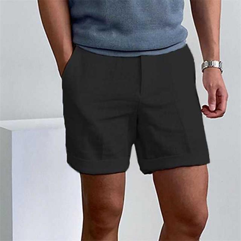 Men's linen shorts relaxed fit rolled-up hem breathable casual summer style in neutral tone