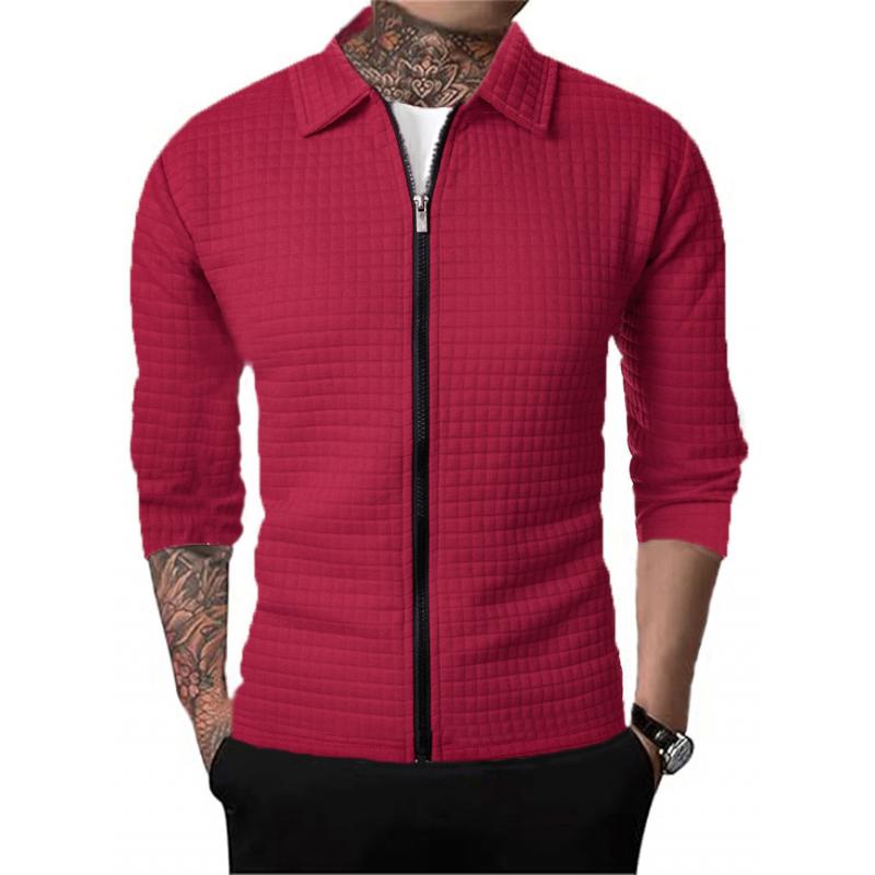 Men's slim fit waffle texture jacket with modern lapel collar and front zipper in neutral tone