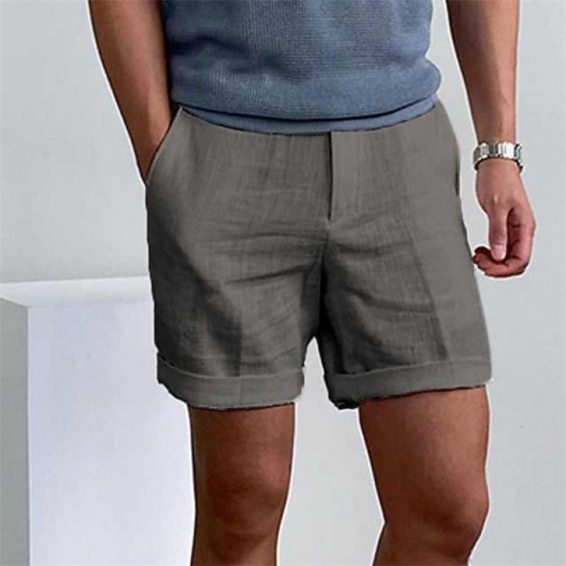 Men's linen shorts relaxed fit rolled-up hem breathable casual summer style in neutral tone