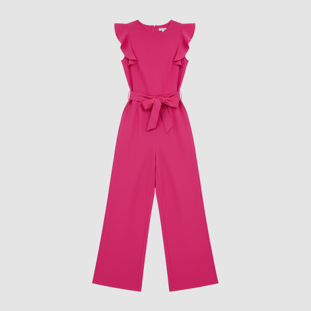 Women's wide-leg jumpsuit with belt, ruched short sleeves, adjustable tie waist, and back zipper