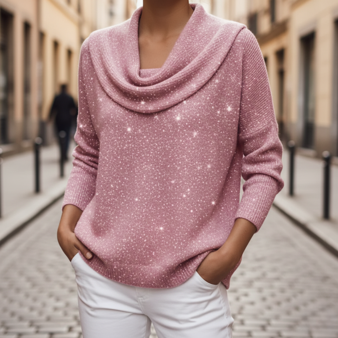 Women's silver lurex turtleneck sweater, sparkling polyester knit with cozy elegant fit