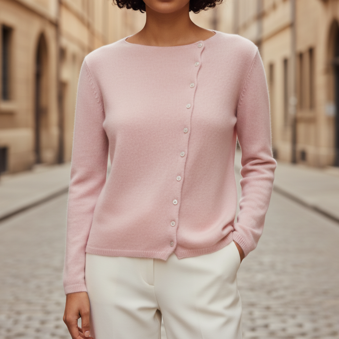 Women's wool cashmere blend sweater round neck button closure beige cozy everyday wear