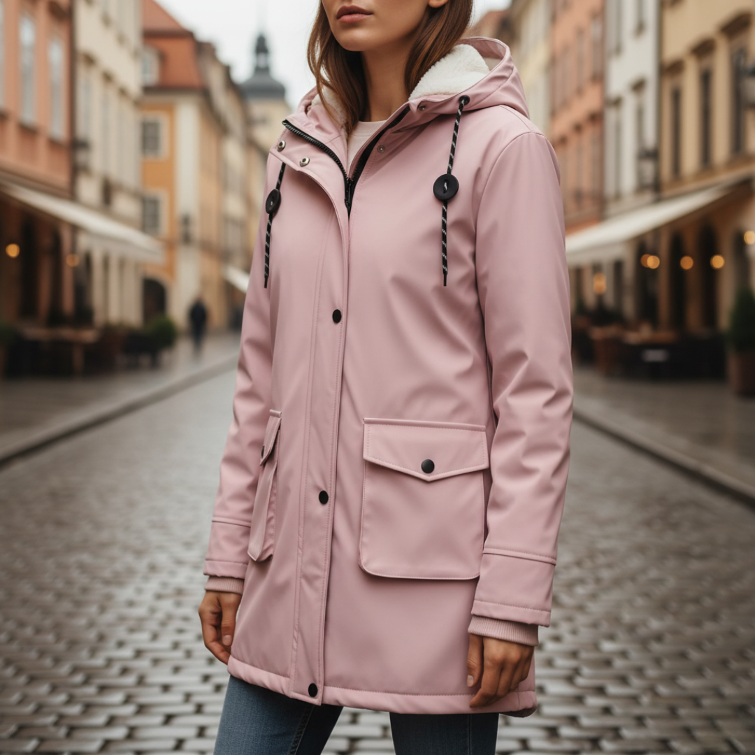 Women's waterproof jacket with adjustable hood, durable all-weather protection in versatile silhouette