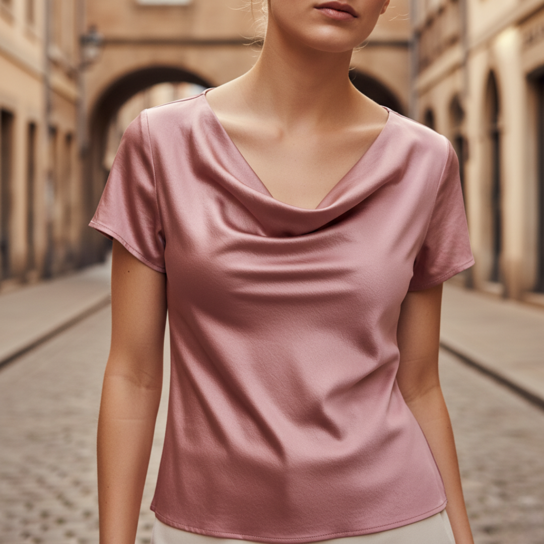 Women's satin blouse short sleeves cowl neck silky lightweight top office evening wear