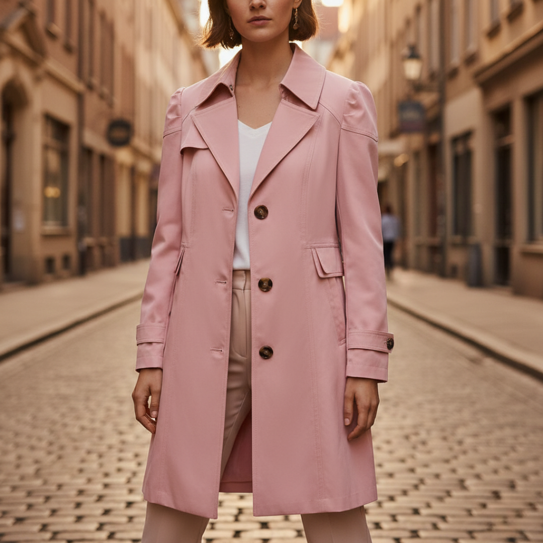 Women's beige trench coat classic button-front mid-length silhouette versatile work casual layer