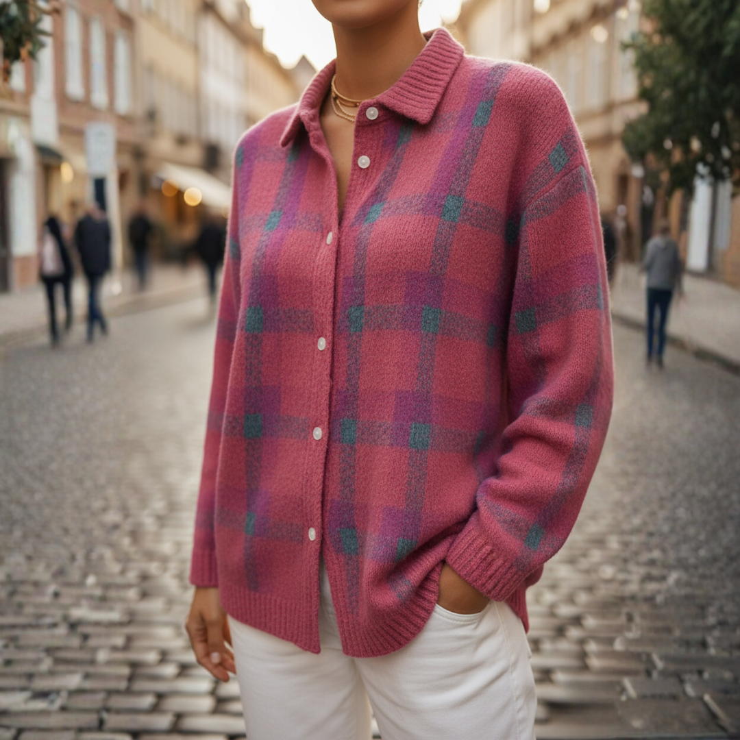 Women's plaid shirt sweater in blue orange green soft knit fabric button collar casual everyday style