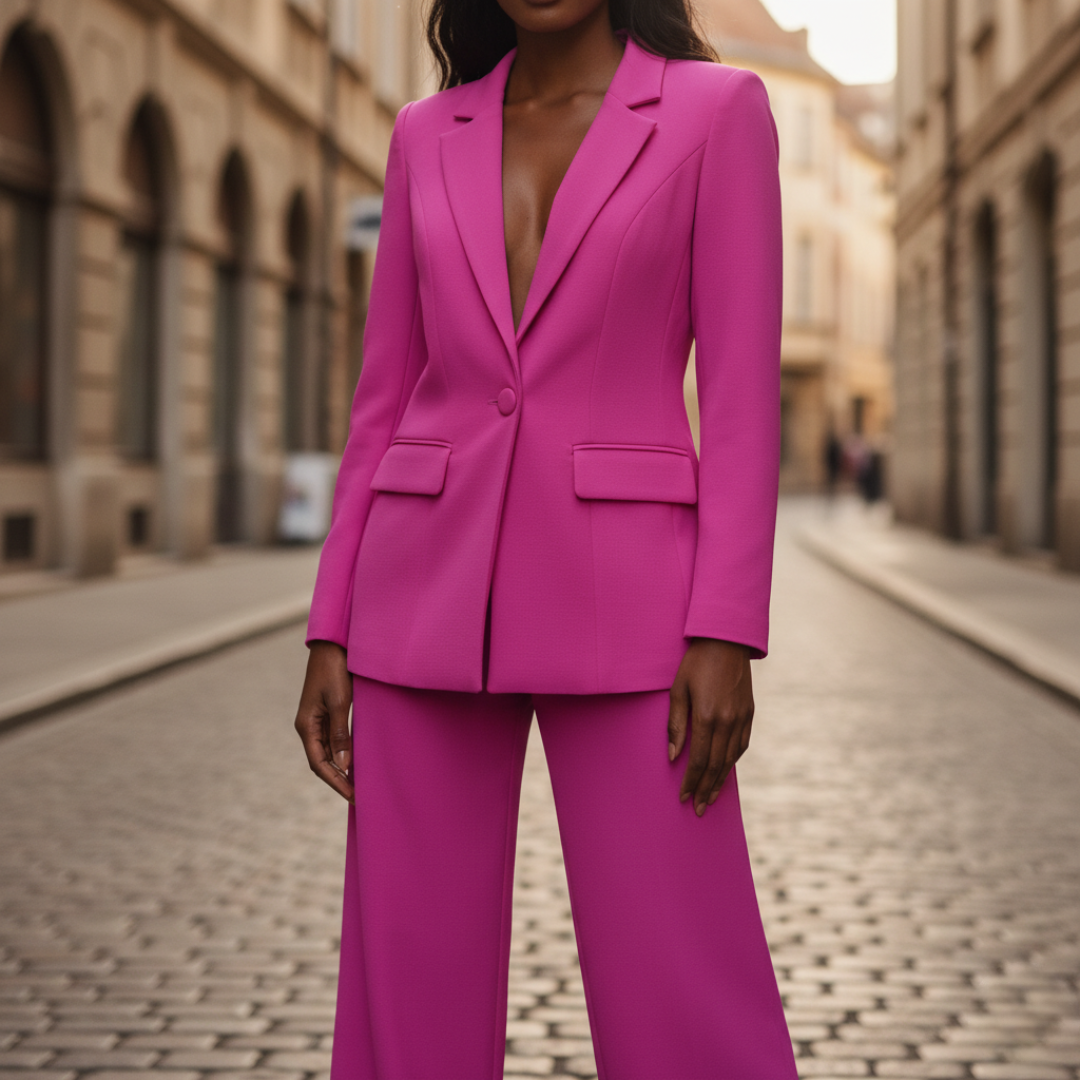Women's elegant ivory tailored blazer suit with high-waist wide-leg palazzo pants for ceremonies