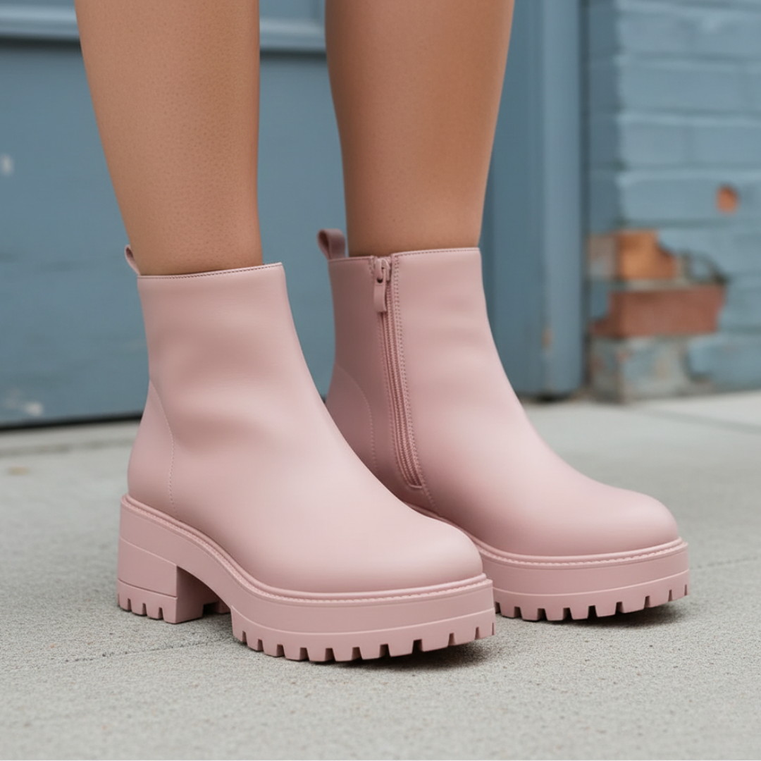 Women's pink faux leather orthopedic zipper boots with all-day comfort support and modern casual style