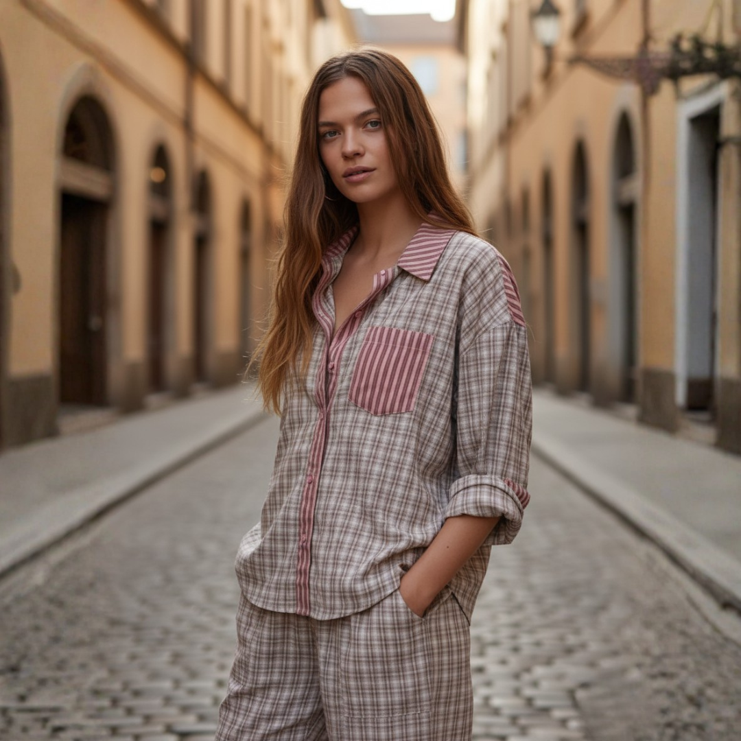 Women's striped polyester pajama set in blue or pink, two-piece with pockets for cozy nightwear