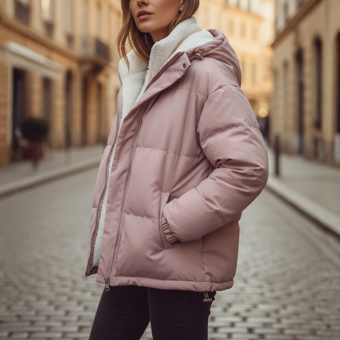 Women's black waterproof hooded puffer jacket with faux fur trim, windproof insulated outdoor coat