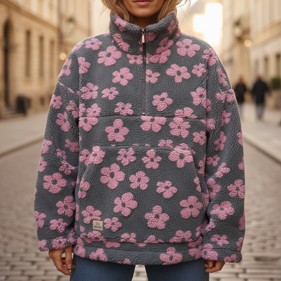 Women's floral fleece zip-front jacket with high collar, cozy warm winter essential in colorful print