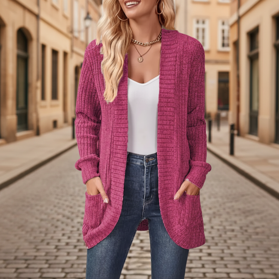 Women's soft knit cardigan with side pockets, versatile everyday layering piece in six colors