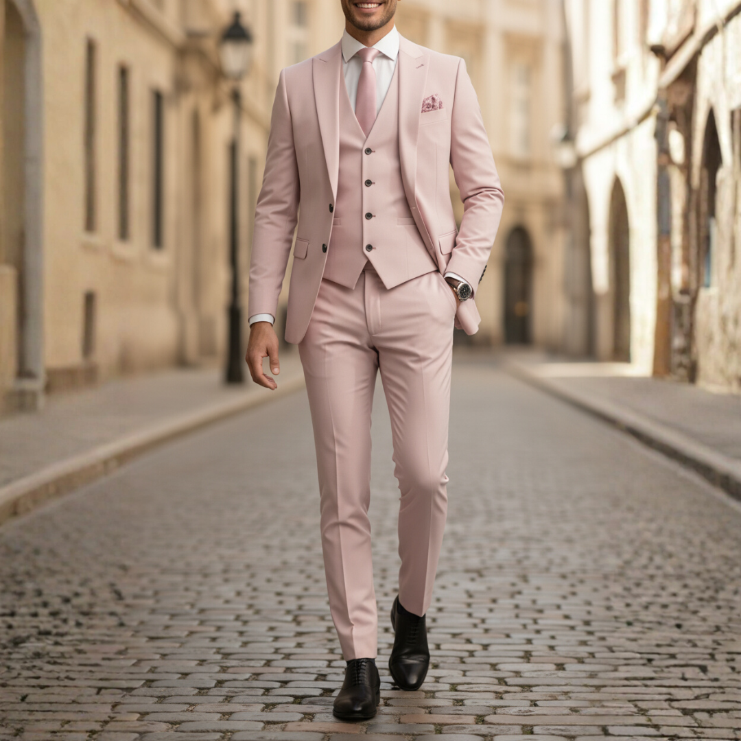 Men's slim fit two-piece suit set in classic black, navy, or grey for formal events and weddings