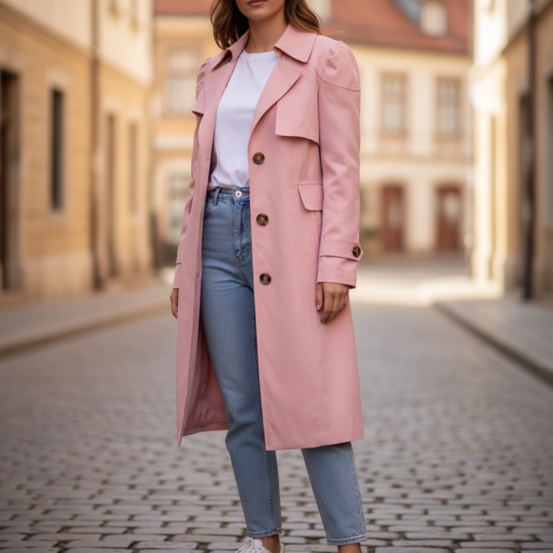 Long women's trench coat with button closure, classic collar, elegant streamlined silhouette outerwear