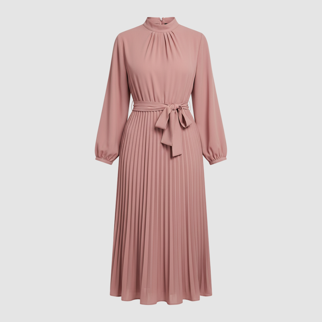 Women's long pleated dress with belt, high neckline, long sleeves, elegant formal casual style