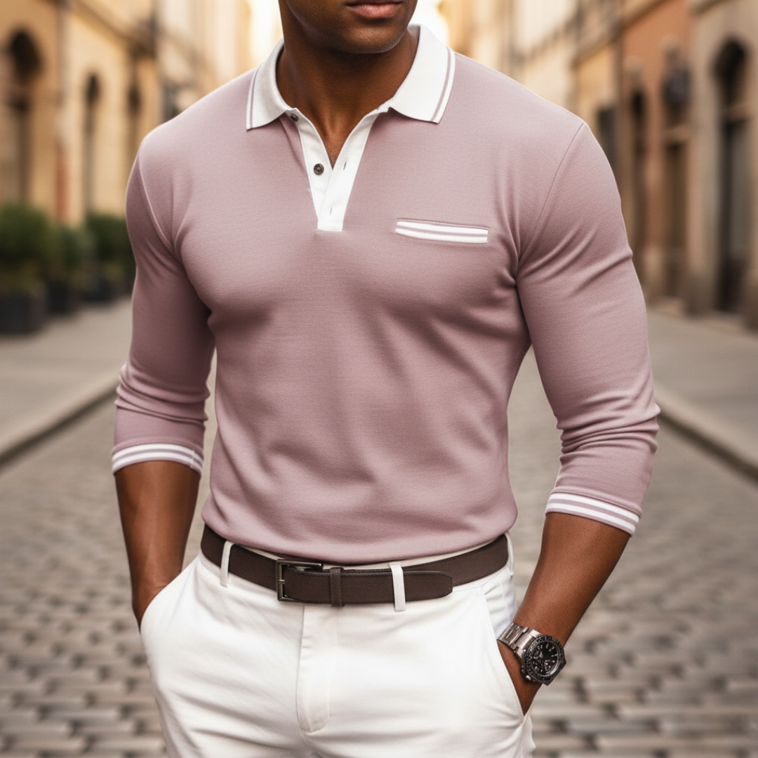 Men's long sleeve color block polo with contrast collar and chest pocket, casual modern fit