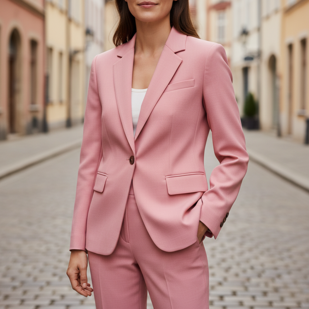 Women's tailored jacket and pants set in black elegant workwear two-piece with button closure