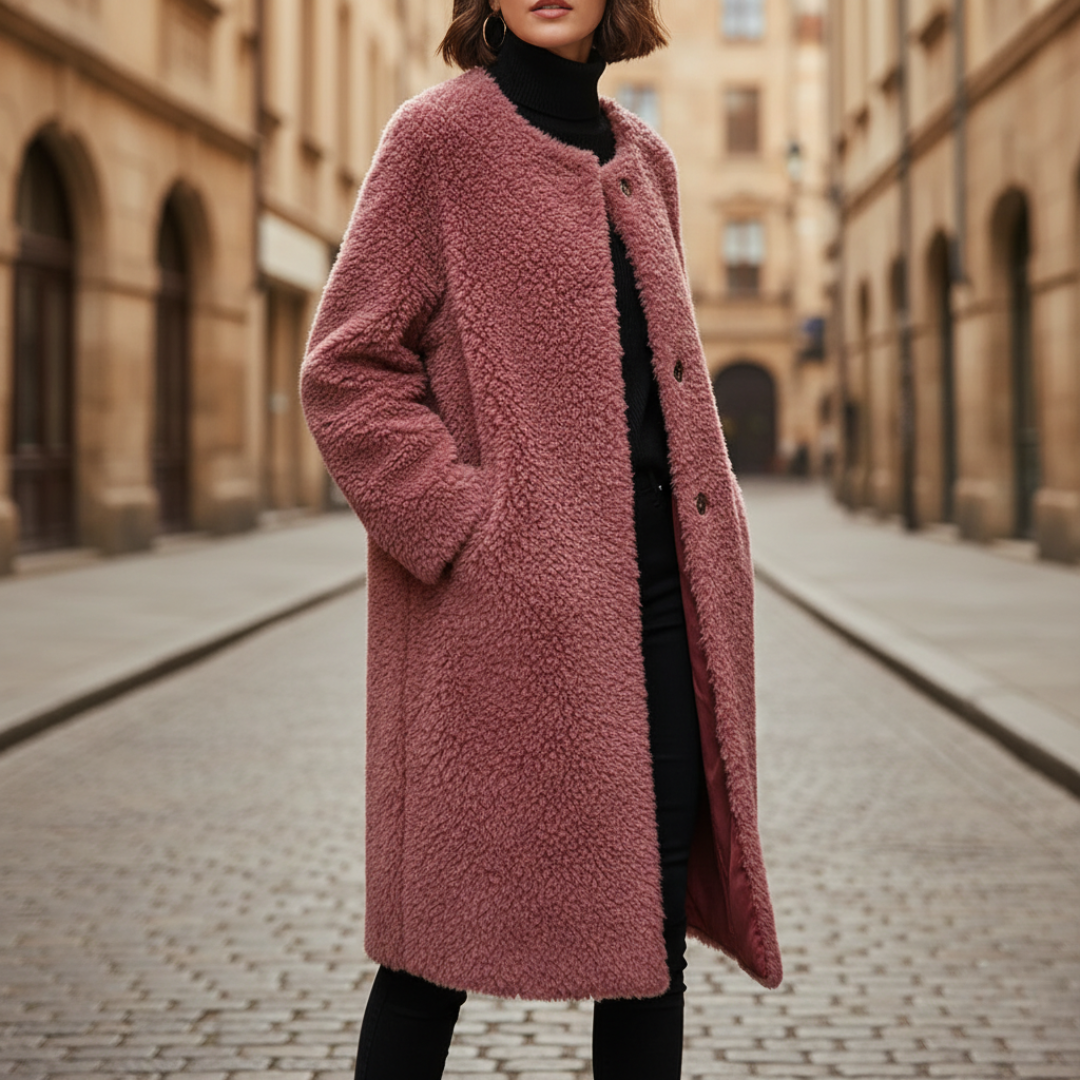 Women's loose fit synthetic fur coat in brown green gray pink with side pockets warm winter style