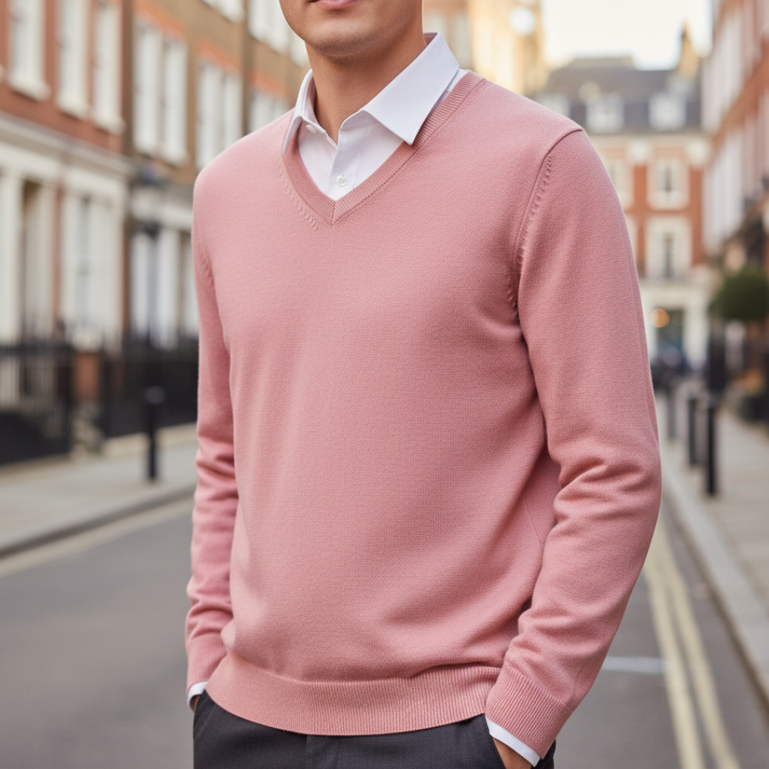 Men's classic V-neck sweater soft knit fabric regular fit versatile layering essential for office or casual wear