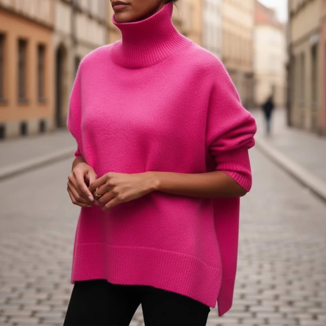 Women's cozy knit turtleneck sweater relaxed wide-fit silhouette for casual elegant layering