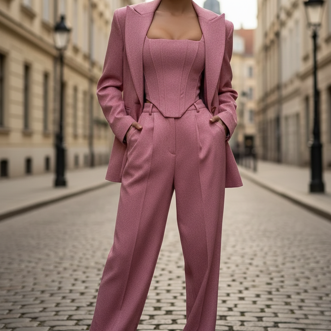 Women's 3-piece structured suit set gray oversized blazer corset top wide-leg pants professional
